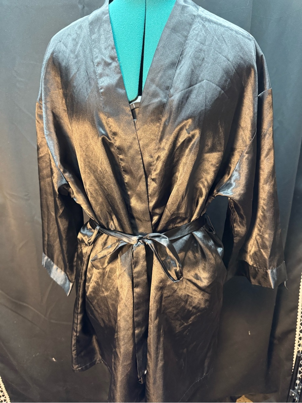 Dreamgirl Black Satin Kimono Robe with Self-Tie Belt